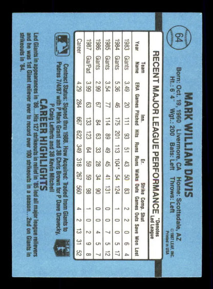 1988 Donruss #64 Mark Davis Baseball Card featuring player stats on blue background