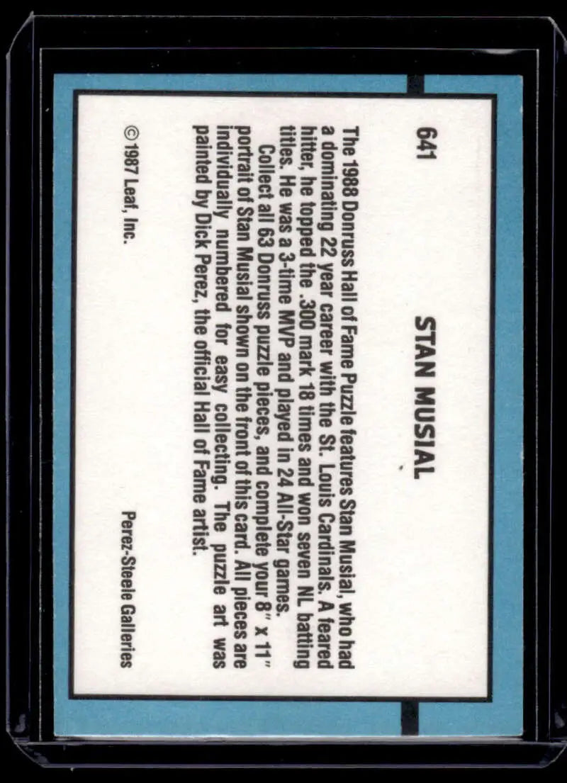 Reverse side of 1988 Donruss Stan Musial Baseball Card for St. Louis Cardinals