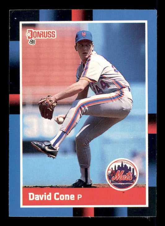 1988 Donruss Baseball Card of David Cone pitching for New York Mets in mid-delivery