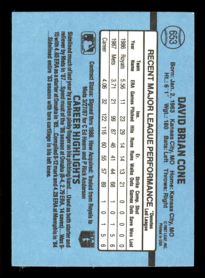 Blue baseball card back featuring David Cone’s stats for the New York Mets