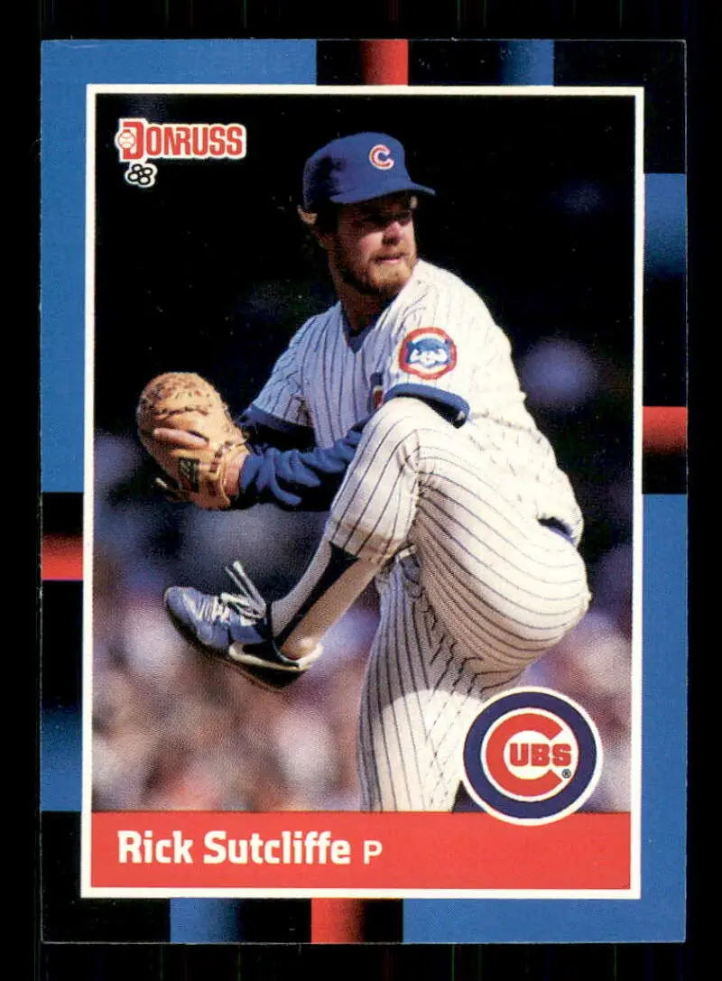 Baseball card of Rick Sutcliffe in a Chicago Cubs white pinstriped uniform windup