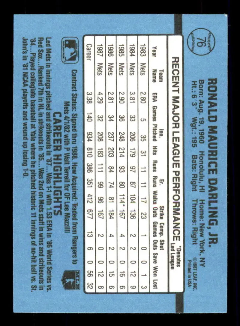 Back of 1988 Donruss #76 Ron Darling Baseball Card showcasing New York Mets statistics