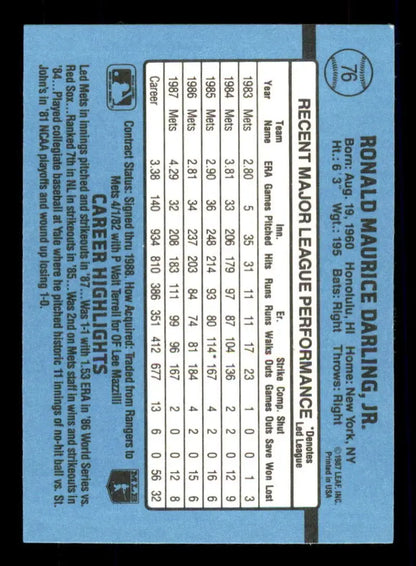 Back of 1988 Donruss #76 Ron Darling Baseball Card showcasing New York Mets statistics