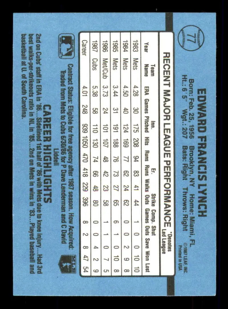 Baseball card featuring player stats and highlights, 1988 Donruss Ed Lynch, Cubs