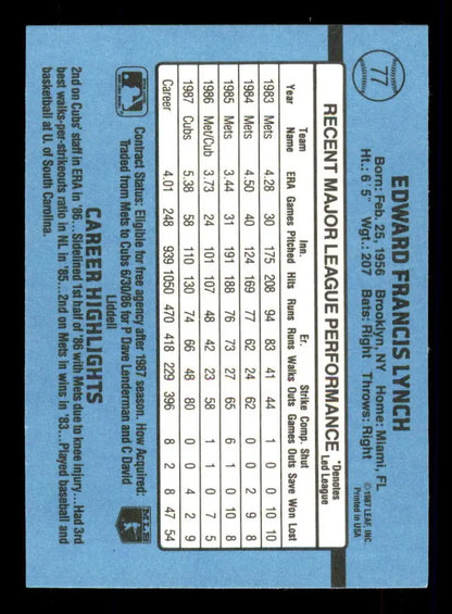 Baseball card featuring player stats and highlights, 1988 Donruss Ed Lynch, Cubs