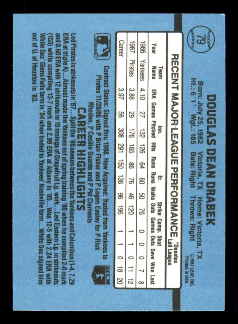 Back of 1988 Donruss #79 Doug Drabek Baseball Card with player stats on blue background