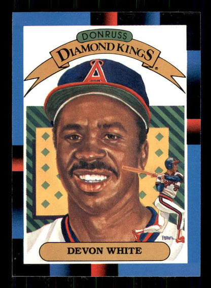 Devon White California Angels baseball card showcasing a smiling player in navy cap