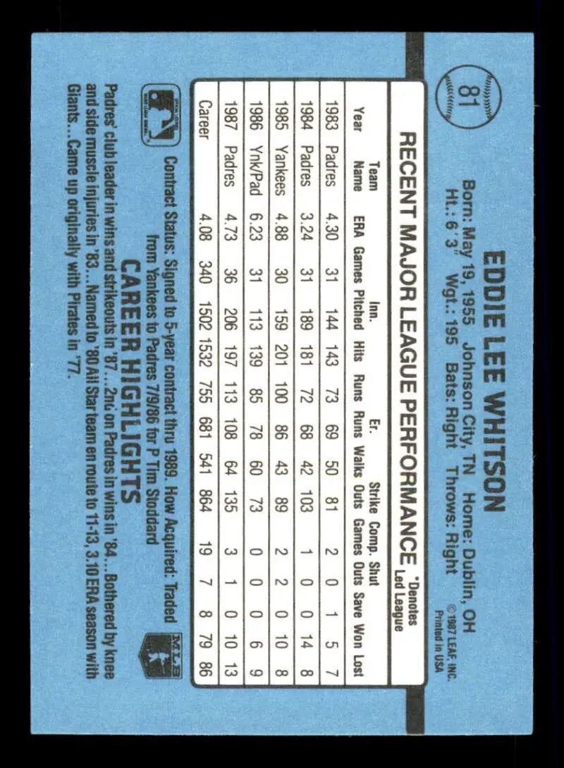 1988 Donruss #81 Ed Whitson EX Baseball Card showcasing player stats and information