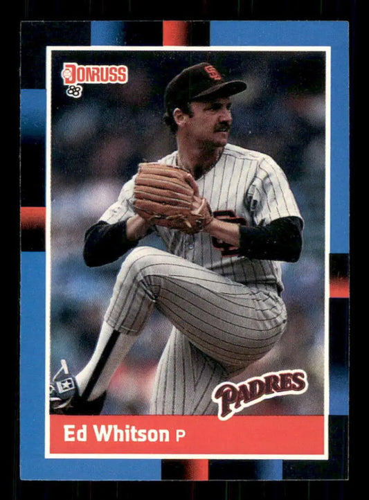 Baseball card of Ed Whitson in pinstriped uniform for San Diego Padres trading cards