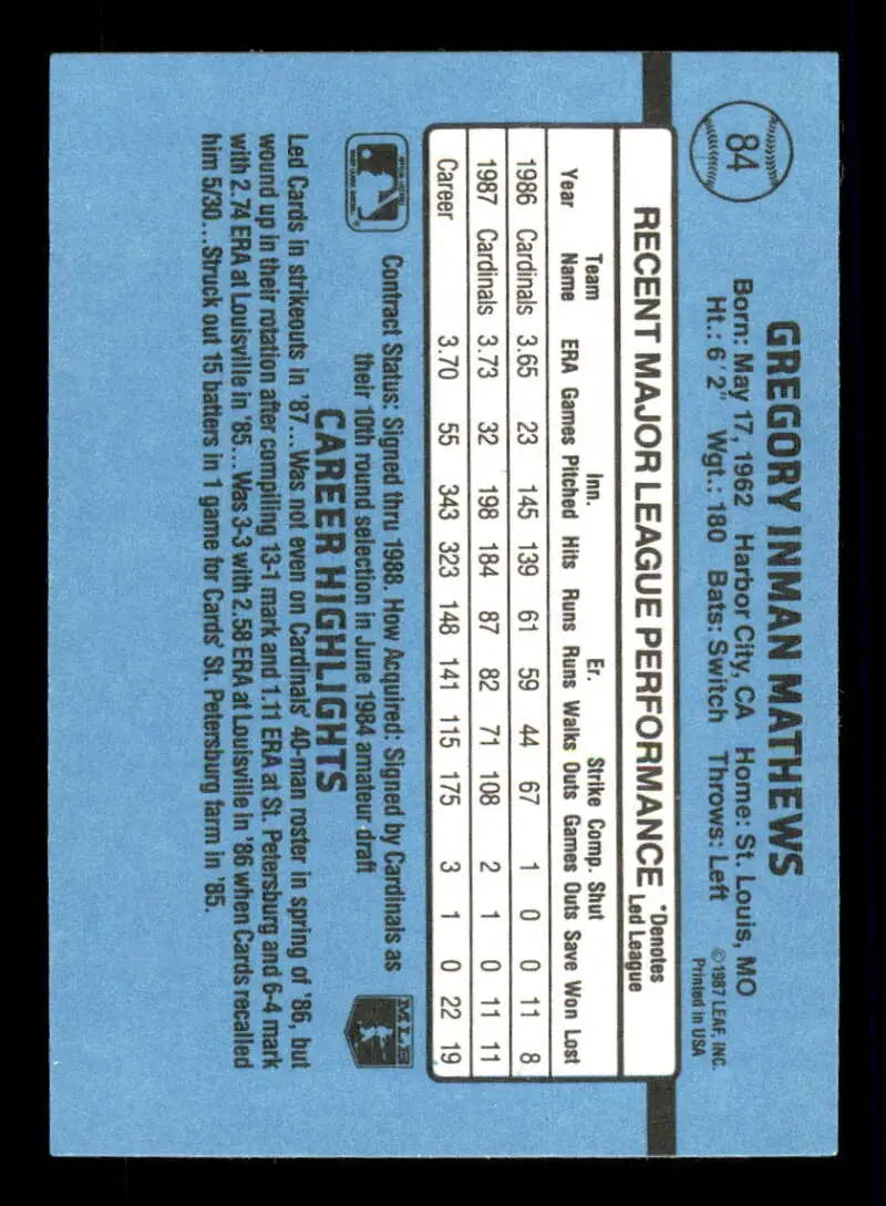 Light blue 1988 Donruss #84 Greg Mathews baseball card from St. Louis Cardinals collection