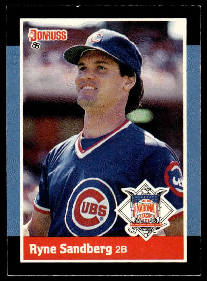 1988 Donruss Baseball Card of Ryne Sandberg, Chicago Cubs Player in Navy Uniform