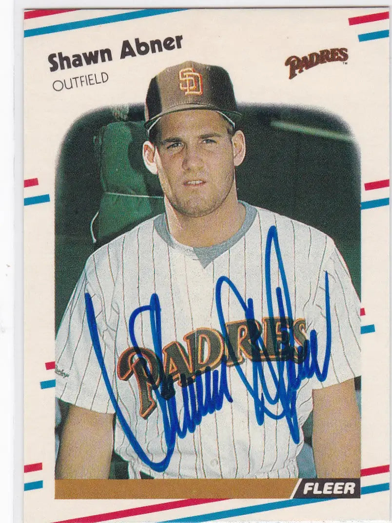 Shawn Abner TTM auto on a San Diego Padres baseball card in pinstriped uniform