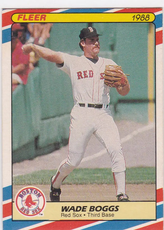 1988 Fleer Superstars baseball card of Wade Boggs in a throwing motion for Red Sox