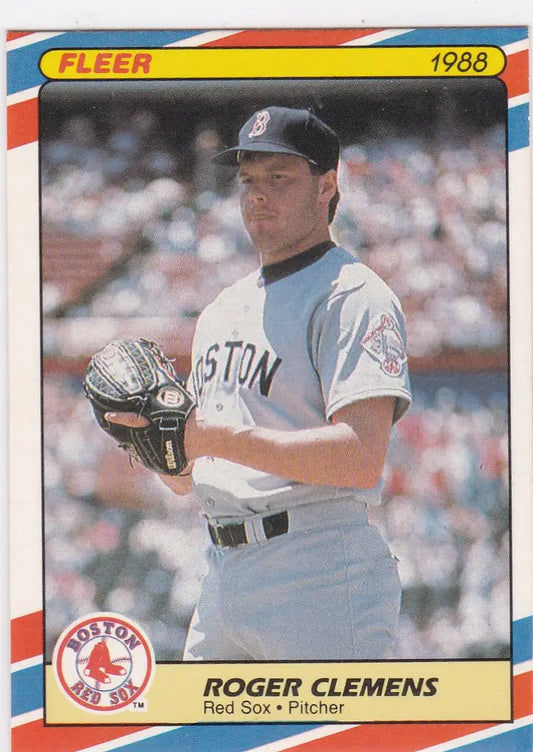 Baseball card of Roger Clemens in Red Sox uniform from 1988 Fleer Superstars collection