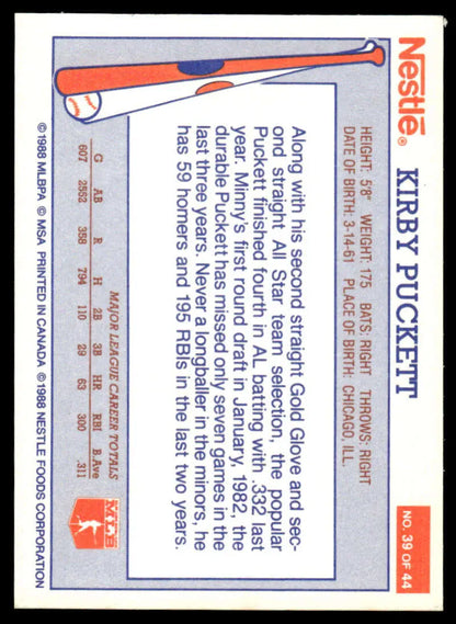 Back of 1988 Nestle Kirby Puckett baseball card with Minnesota Twins player stats