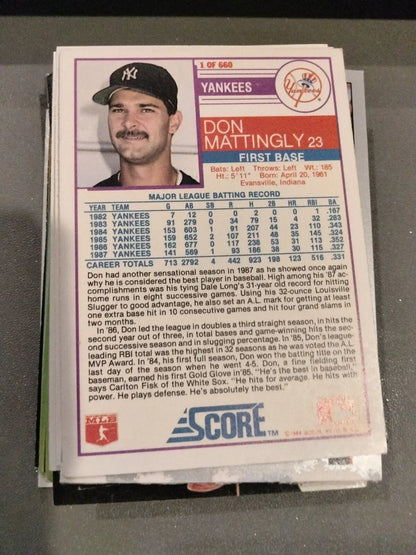 Don Mattingly 1988 Score Yankees baseball card showcasing the iconic player