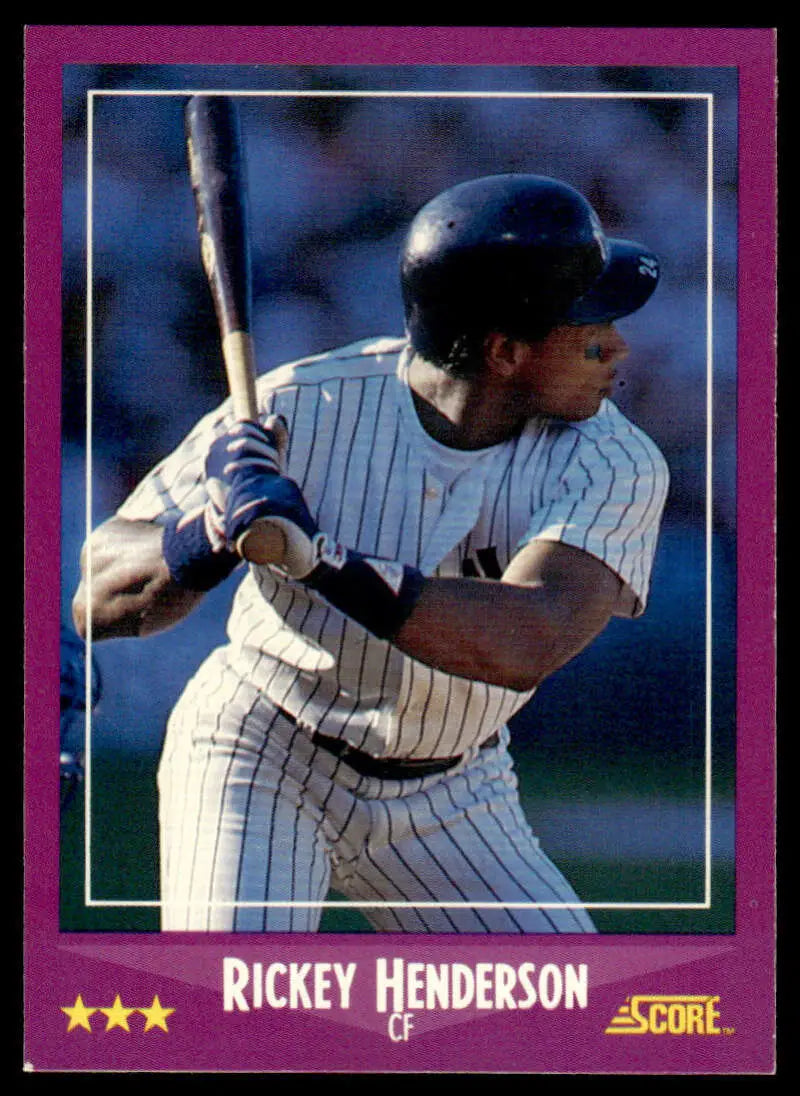 Rickey Henderson at bat in pinstriped Yankees uniform on 1988 Score baseball card