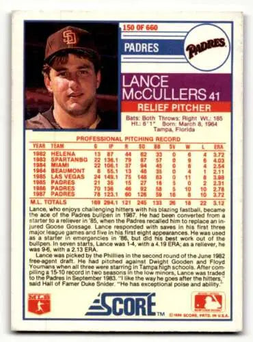 Lance McCullers San Diego Padres baseball card 1988 Score original gloss collectible