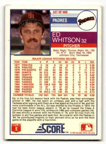 1988 Score #167 Ed Whitson San Diego Padres Baseball Card with original gloss condition