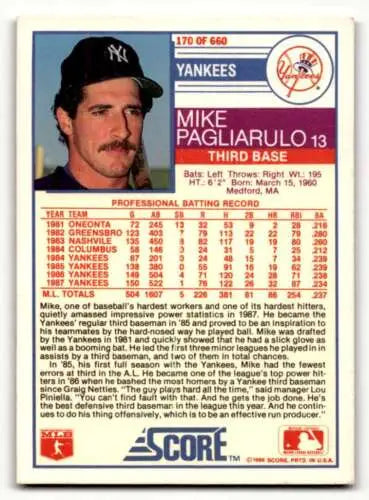 1991 Score baseball card of Mike Pagliarulo, a collectible Yankees baseball card