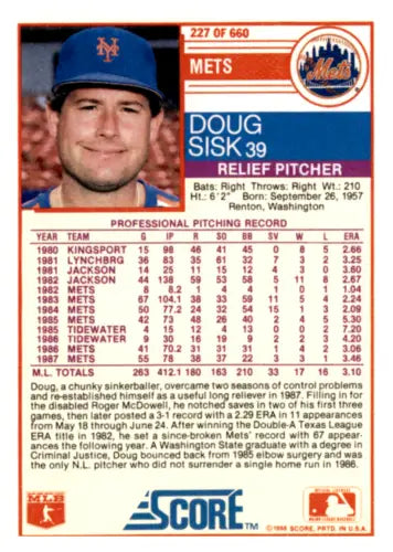 Doug Sisk baseball card featuring original gloss from 1988 Score #227 Mets