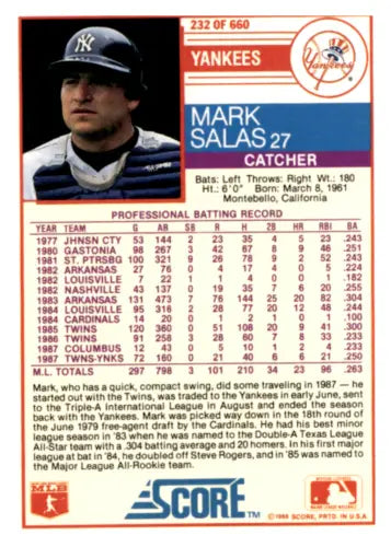 Mark Salas baseball card 1988 Score #232 original gloss Yankees Simply Sandoval ID:66737