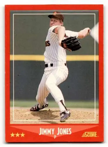 Baseball card featuring Jimmy Jones San Diego in white pinstriped uniform mid-delivery