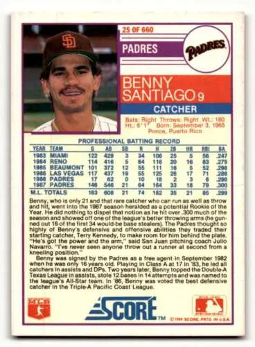 1988 Score #25 Benny Santiago San Diego Padres baseball card with original gloss finish