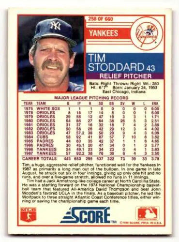 Tim Stoddard 1988 Score Yankees Baseball Card with original gloss and EX/NM condition