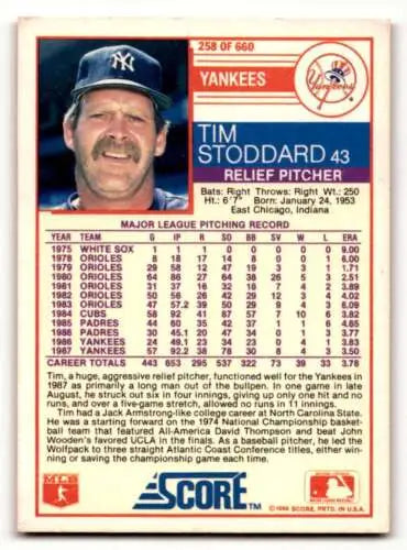 Tim Stoddard 1988 Score #258 New York Yankees baseball card original gloss EX/NM