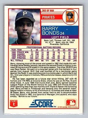 Barry Bonds baseball card in 1988 Score #265 design for flat rate collectors