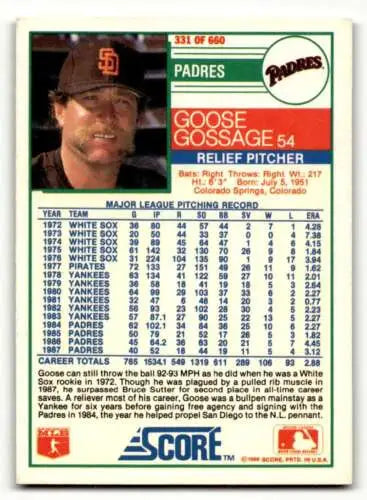 Goose Gossage San Diego Padres baseball card from 1988 Score with original gloss