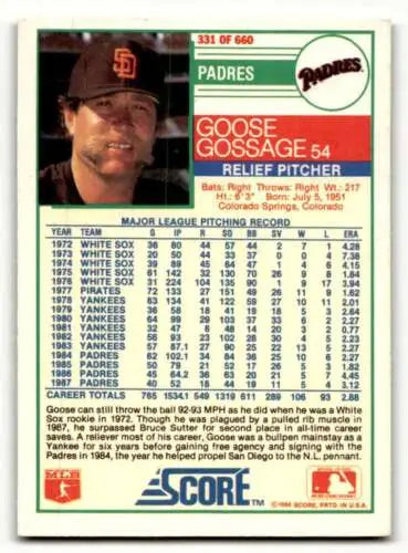 1988 Score #331 Goose Gossage San Diego Padres Baseball Card original gloss condition