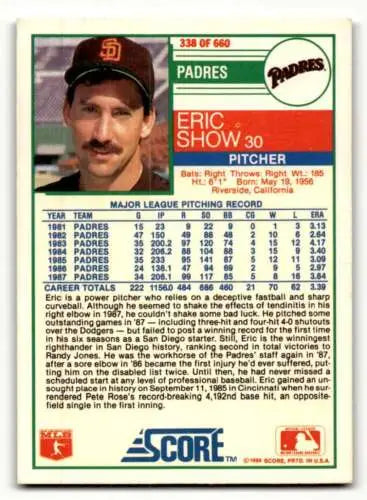 1988 Score #338 Eric Show San Diego Padres Baseball Card with original gloss finish