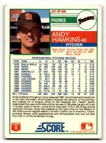 1988 Score #347 Andy Hawkins San Diego Padres Baseball Card with original gloss finish