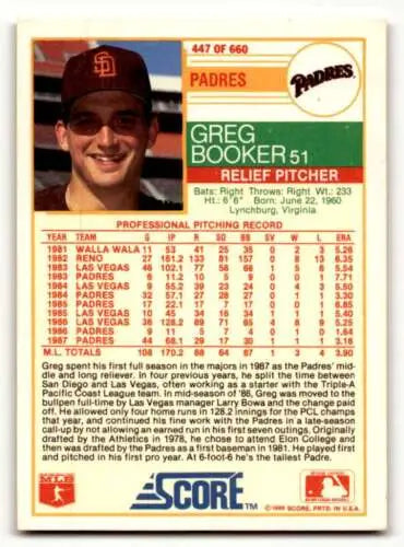 1988 Score #447 Greg Booker San Diego Padres Baseball Card with original gloss