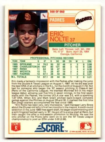 1988 Score #568 Eric Nolte San Diego Padres Baseball Card with original gloss