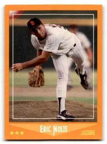 Baseball card of Eric Nolte San Diego wearing a white uniform delivering pitch, original gloss