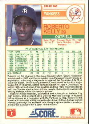 Roberto Kelly Rookie Card from 1988 Score #634 featuring New York Yankees player