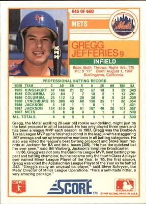 Gregg Jefferies Rookie Baseball Card from 1988 Score featuring New York Mets MLB memorabilia