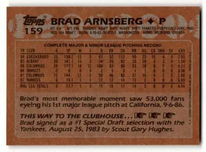 1988 Topps #159 Brad Arnsberg New York Yankees Baseball Card original gloss quality