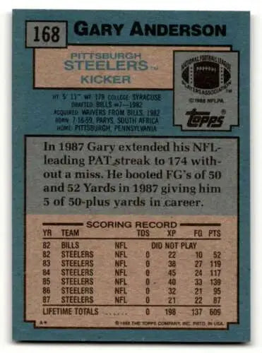 Gary Anderson Pittsburgh Steelers football card from the 1988 Topps original gloss series