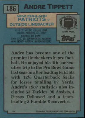 Andre Tippett 1988 Topps #186 football card featuring New England Patriots NFL star