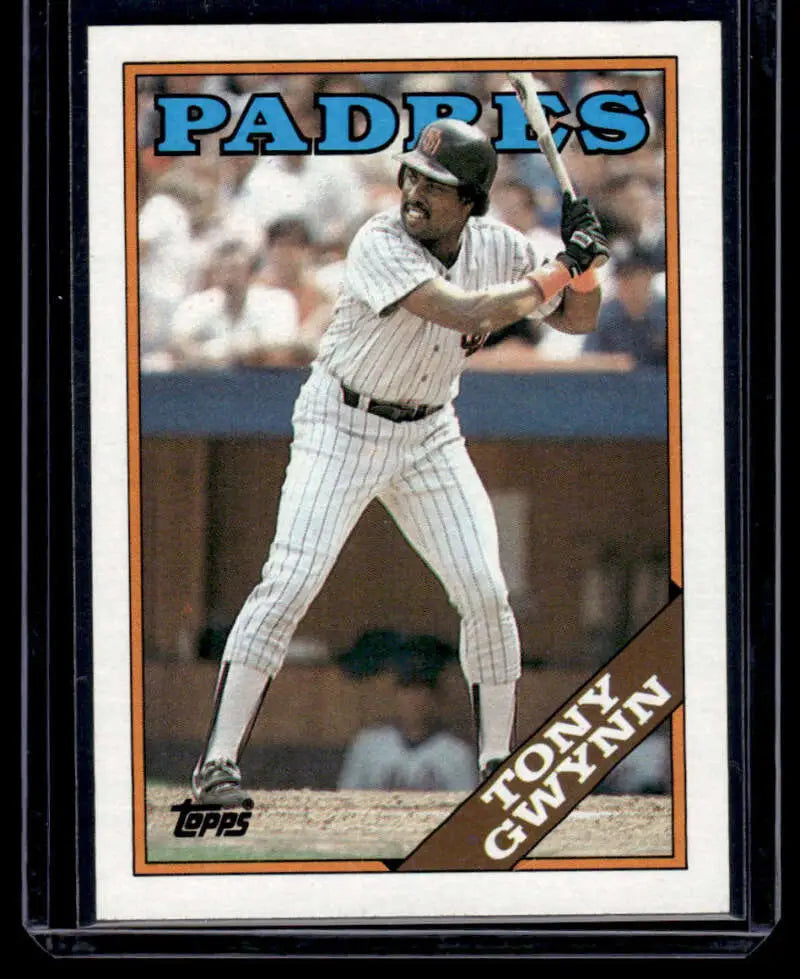 Baseball card of Tony Gwynn from the San Diego Padres in pinstripe uniform at bat