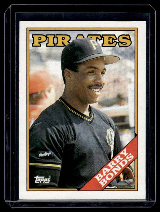 Baseball card of Barry Bonds in black Pittsburgh Pirates uniform and cap