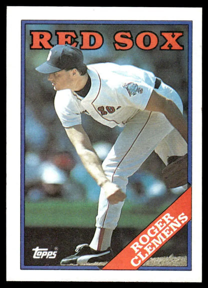 Baseball card of Roger Clemens in delivery for Boston Red Sox, 1988 Topps #70