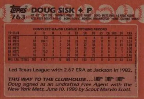 Doug Sisk baseball card back from 1988 Topps #763 with original gloss Mets design