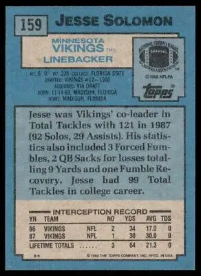 Football card back of 1988 Topps Jesse Solomon Rookie Minnesota Vikings #159