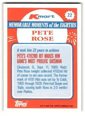 Pete Rose baseball card from 1988 Topps Kmart Memorable Moments series