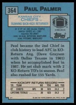 Paul Palmer Kansas City Chiefs football card 1988 Topps Rookie #364 text-align center